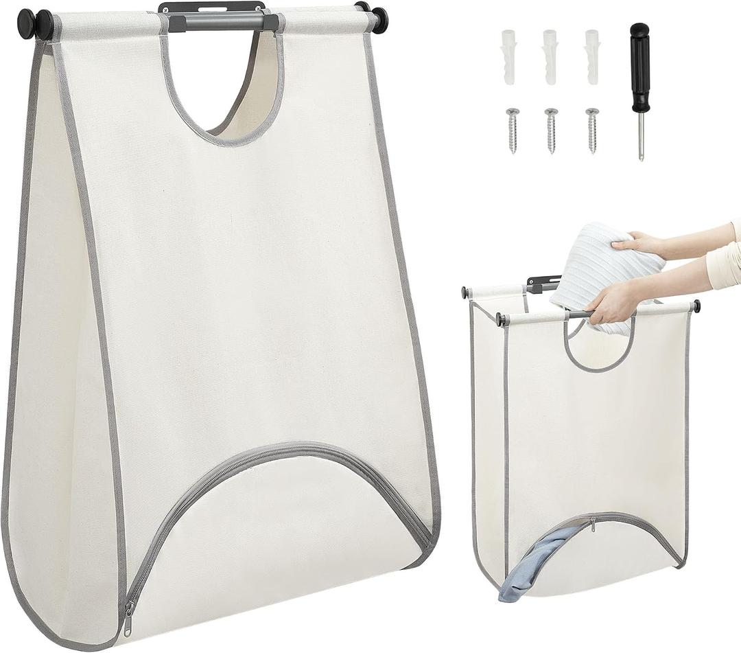 STORAGE MANIAC Wall Mount Laundry Hamper, Hanging Laundry Bag with Bottom Zipper Opening, Space Saver Dirty Clothes Hamper with Wall Anchor, Laundry Clothes Bin for College, Dorm, RV, White