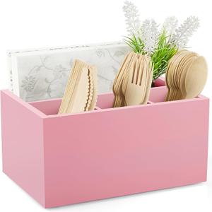 DRASTAR Utensil Holder, Wooden Silverware Caddy, Picnic Cutlery Organizer, Countertop Silverware Holder for Party, Pink