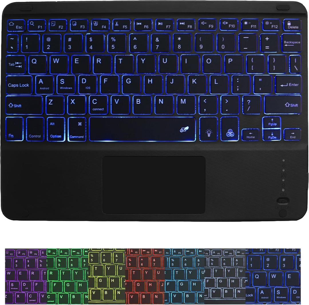 Wireless Bluetooth Keyboard,10-inch Ultra-Slim 7 Color Backlight with Touchpad,Rechargeable Wireless Magnetic Bluetooth Portable Keyboard,for Smartphone Laptop Tablet Travel (Black)