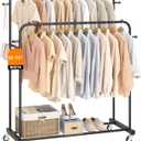 Laiensia Double Rods Garment Rack with Wheels, Clothing Rack for Hanging Clothes,4 Hooks, Multi-functional Bedroom Clothes Rack, Black