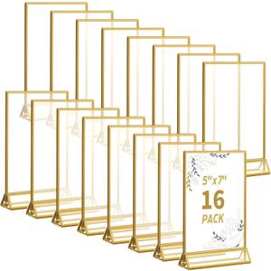 Smarpau 5X7 Gold Acrylic Sign Holder,16 Pack Double Sided Display Stand,Flyer Holder with Gold Borders,Clear Vertical Picture Frames Sign Table Menu Display Stand For Home,Office,Wedding,Party