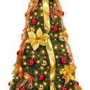 6 ft pre-lit Decorated Christmas Tree, 200 LED Warm Lights, Prelit pop-up Christmas Tree, Fully Decorated 66 Ornaments, Collapsible Pull Up Christmas Tree with Lights for Indoor Home Party Decor (European Plug)
