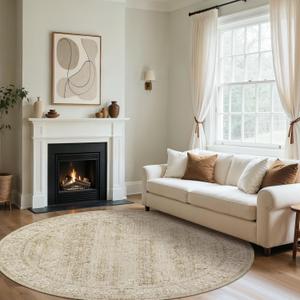 7ft Round 7' Round Rug Washable Area Rugs Vintage Rug Indoor Floor Cover Floral Print Circle Rugs Cream&Light Tan