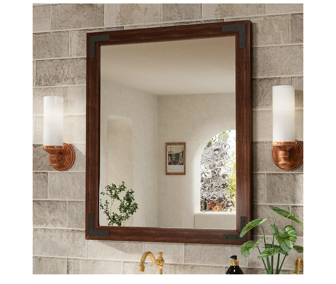 TETOTE 24 x 32 Walnut Wood Framed Mirror for Bathroom Wall/Bedroom/Living Room/Entryway Farmhouse Rustic Wall Mirror Waterproof (Horizontal/Vertical Mounted)