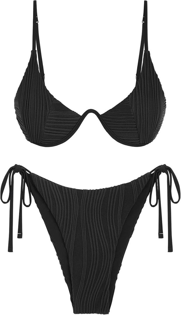 ZAFUL Women's Bikini Sets Ribbed Two Piece Swimsuits Underwire Adjustable Back Clasp Bathing Suit Side Tie Thong Swimwear (Large, Black)