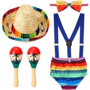Geyoga Baby 1st Birthday Mexican Outfit Cake Smash Outfit Suspender Bloomers Tie Hat with Wood Rumba Shakers Rattle (Bright Style)