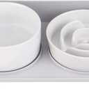 Elevated Slow Feeder Dog Bowls - Ceramic Food and Water Bowl Set with Stand - Raised Pet Dishes for Small and Medium Sized Dogs (White)