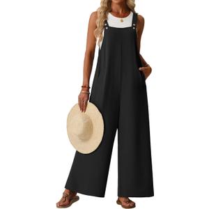 Lepunuo Jumpsuits for Women Summer Casual Boho Wide Leg Overalls Adjustable Floral Sleeveless Rompers with Pockets, Black, M