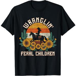 Wranglin Feral Children Retro Cowgirl 90s Western Funny Mom T-Shirt M