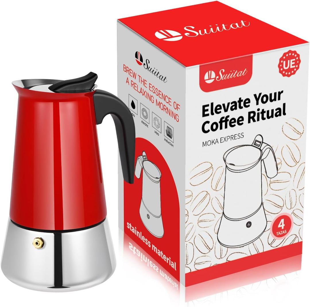 Moka Pot, 4 Cups (7.1 oz) Stovetop Espresso Maker, 304 Stainless Steel Moka Pot, Induction Compatible, Red