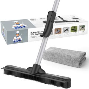 MR.SIGA Pet Hair Removal Rubber Broom with Built in Squeegee, 3 in 1 Floor Brush for Carpet, 61 inch Adjustable Handle, Includes 1 Microfiber Cloth for Floor Dusting