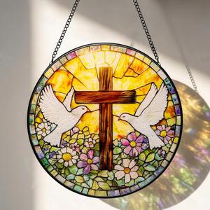 OrbitShell Stained Glass Cross Suncatcher Wall Decor - 8 Inch Peace Dove Window Hanging, Decorative Wall Crosses for Easter, Baptism, First Communion, Christmas, Religious Christian Gifts for Women, Mom, Grandma