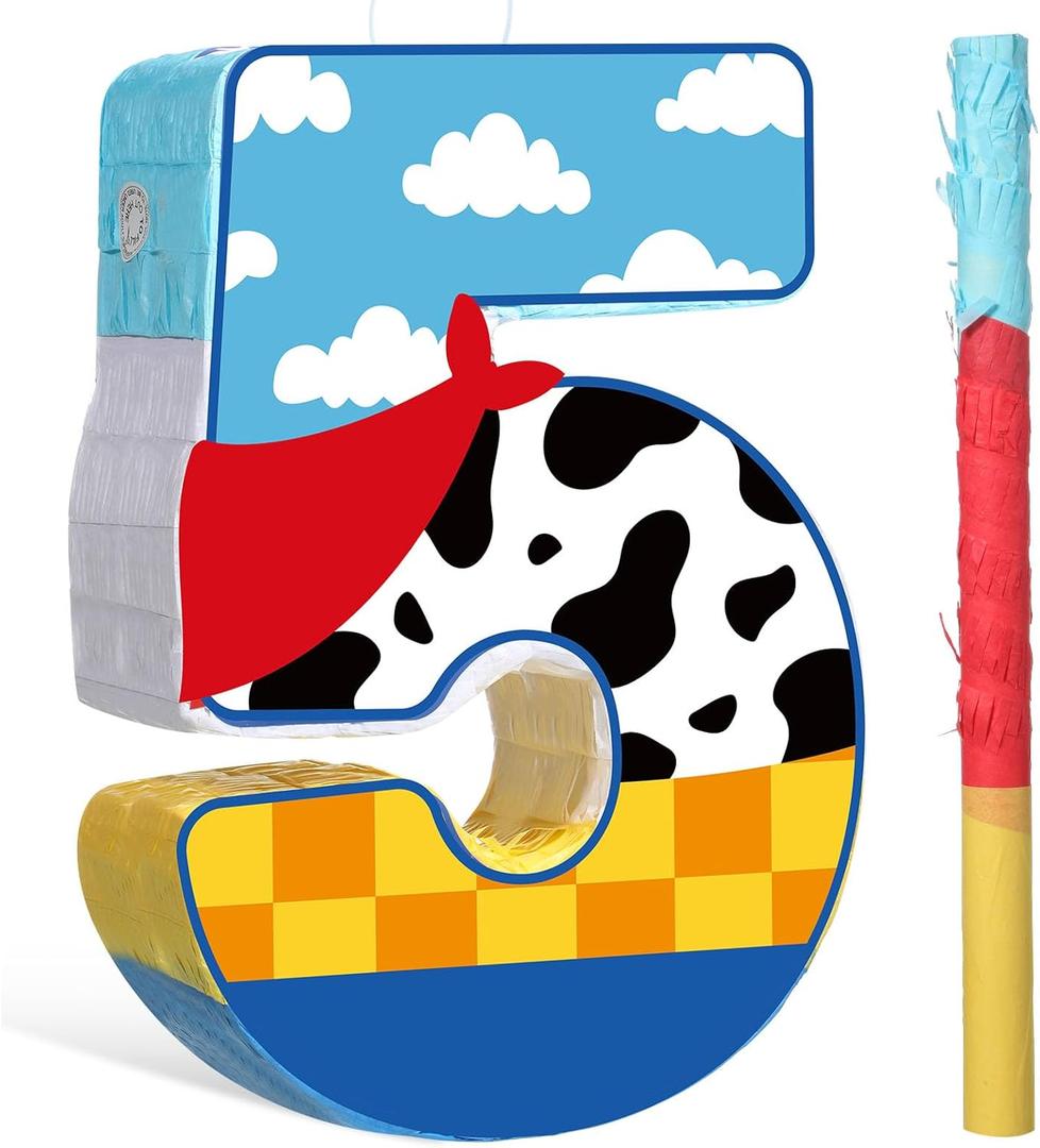 Hungdao Toy Inspired Birthday Piata for Kids Cartoon Cow Number Piata Decorations Summer Cartoon Game with Stick Red Scarf Blue Sky Cloud Boys Girls Baby Shower Farm Party Favor(Number 5)