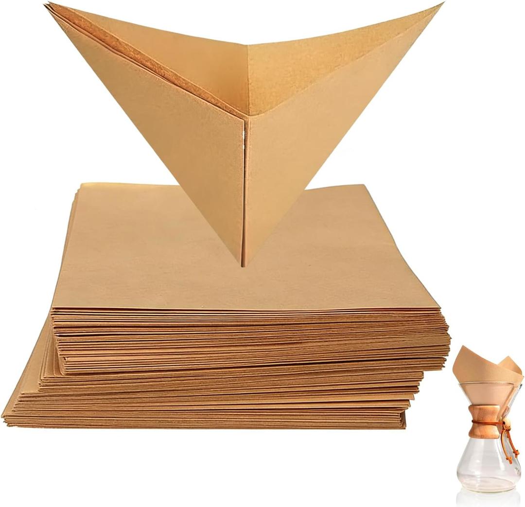 100 Count Pour Over Coffee Filters Compatible with Chemex 5-13 Cup, Unbleached, Disposable Squares Pre-Folded Paper Filter, No Paper Taste, for Pour-Over Coffeemaker Drippers