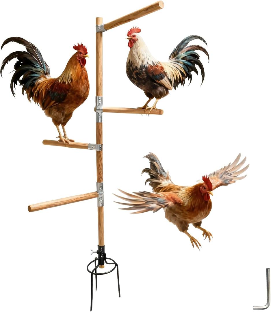Chicken Perch Toys for Coop & Backyard Chickens, Large Chicken Perch Roosting Bars with 3-Prong Metal Ground Plug & Adjustable and Replaceable Wood Bar(Wooden, 54" H x 14" R)