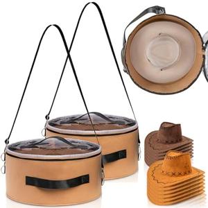 Goaste 2 Pack Hat Storage Box with Lid, 15 Inch Foldable Felt Hat Box, Round Travel Hat Organizer, Cowboy Hat Storage Box with Transparent Lid for Men Women, Stuffed Animal Toys, Clothes, Hats, Khaki
