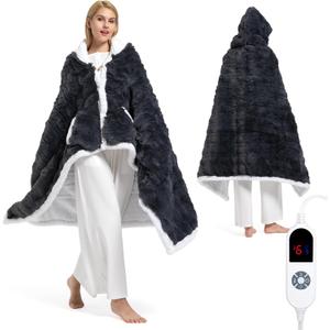 Wearable Heated Blanket Hoodie, Luxury Faux Fur & Sherpa Electric Throw Blanket, Heated Shawl Wraps Poncho with Pockets for Women Men, 3 Heat Levels & 12H Timer, ETL & FCC Certified, 40"x70",Dark Grey