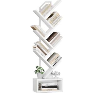 Casaottima 6-Tier Tree Bookshelf for Corner & Small Space  Narrow Steel & Wood Bookcase, Tall Floor Standing Book Organizer Shelf with Storage Cabinet, Home Decor for Living Room, Bedroom, White