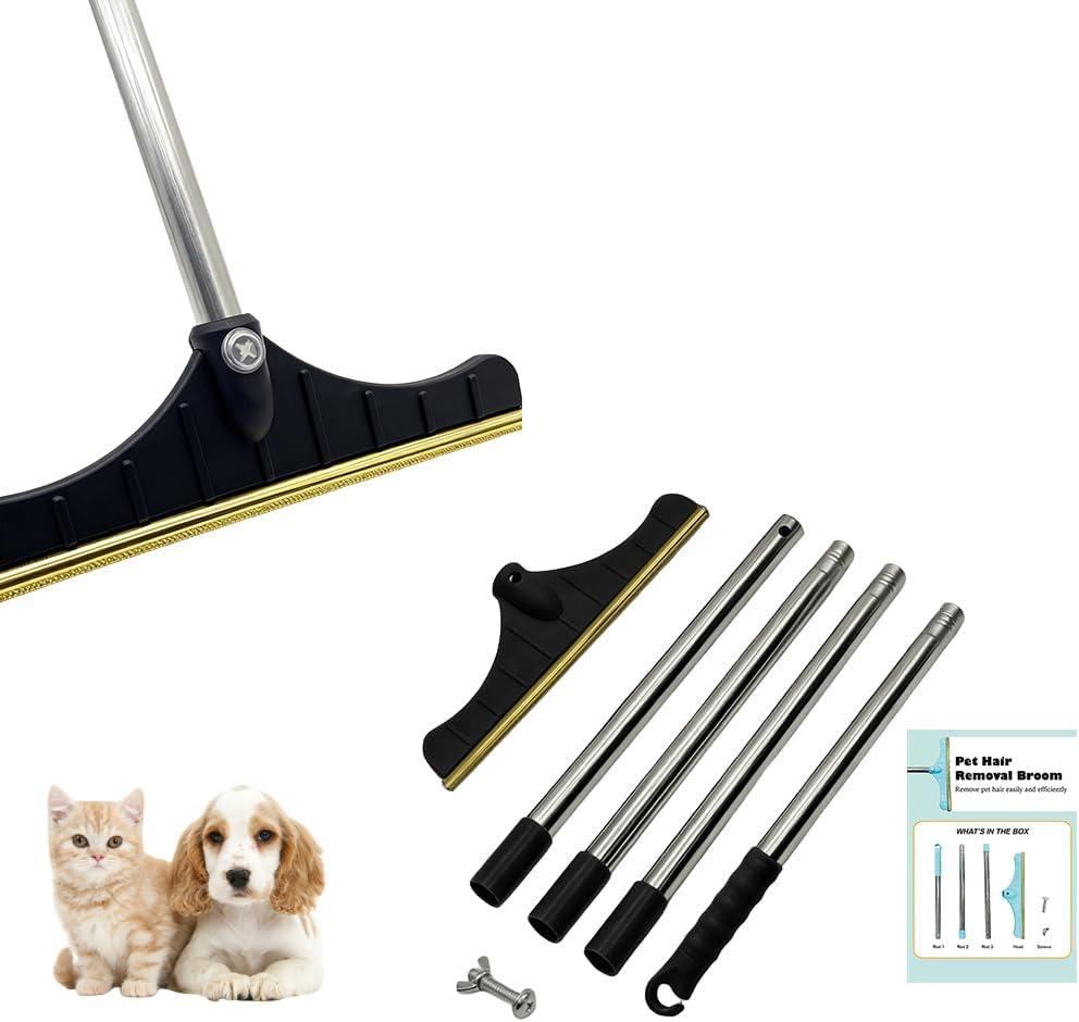Premium Stainless Steel Pet Hair Removal Carpet Rake | Reusable Adjustable Pet Fur De-Shedding Tool for Carpets, Rugs, Upholstery & Auto Mats | Long Extendable Handle, Heavy-Duty Construction (Black)