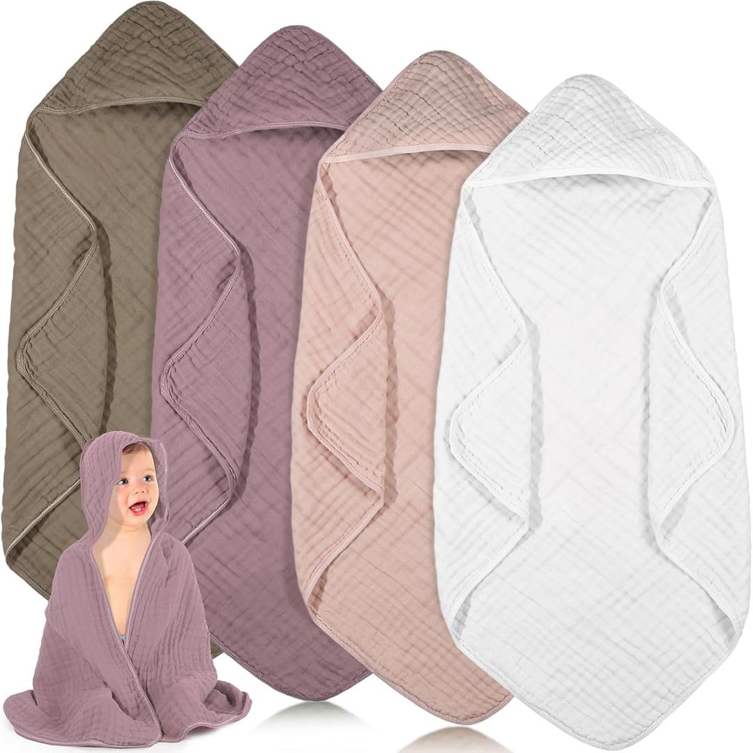 Peryiter 4 Pcs Muslin Hooded Baby Towels,32"x 32" Cotton Newborn Bath Towel Muslin Infant Baby Blankets Absorbent Unisex Newborn Registry Gift for Girls Boys (Coffee)