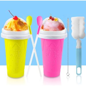 QwayHome 2PC Slushie Maker Cups, DIY Frozen Magic Slushy Cup, Double Layers Silica Smoothie Pinch Ice Cup, Quick Cooling Cups Homemade Milk Shake Ice Cream Maker (Yellow+Pink)