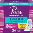 Poise Ultra Thin Incontinence & Postpartum Pads with Wings for Bladder Leaks, 5 Drop Maximum Absorbency, Long Length, 34 Count, Packaging May Vary
