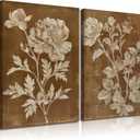 2Pcs Rustic Farmhouse Floral Canvas Wall Art Vintage Botanical Poster Print Retro Countryside Brown Floral Picture Modern Neutral Rural Painting Wall Decor for Living Room Bathroom 16x24in Framed, 24L" x 16W"