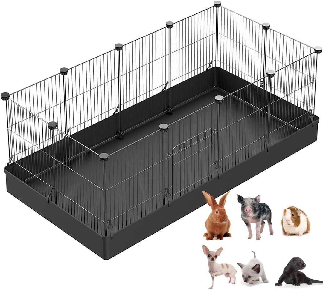 LANGXUN DIY Small Animal Playpen, Pet Playpen with Door and Waterproof Mat, Rabbit Guinea Pig Cages, Puppy Kitten Playpen | Indoor & Outdoor Portable Metal Wire Yard Fence, 12pcs Metal Pet Panels