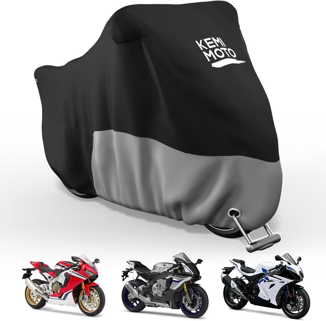 KEMIMOTO 420D Motorcycle Cover with Lock-Hole Compatible with Ninja 500 400 R1 R3 R6 GSXR Z400 ZX-6R S1000R YZF-R1 Outdoor Indoor All Season Waterproof Protection Snow Dust Sun Rain Sport Bike Cover