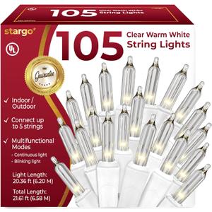 Clear Warm White Christmas Lights - 20 ft String of 105 Incandescent Mini Multifunctional Lighting Modes for Decorative, Bedroom, Outdoor, Xmas Twinkle Christmas Tree Lights, White Wire Total 21.6 ft