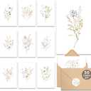AUDREE 50 Set Blank Cards and Envelopes 3.5x5 - Watercolor Wildflowers Blank Greeting Cards with Adhesive Envelopes and Matching Sticker - Blank Note Cards for All Occasions