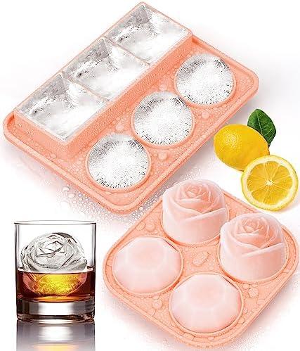 Ice Cube Tray with Lid, Silicone Ice Molds with Round, Square, Diamond, Rose, Large Ice Cube Mold for Whiskey, Bourbon, Cocktails, Easy Release BPA Free, Set of 2