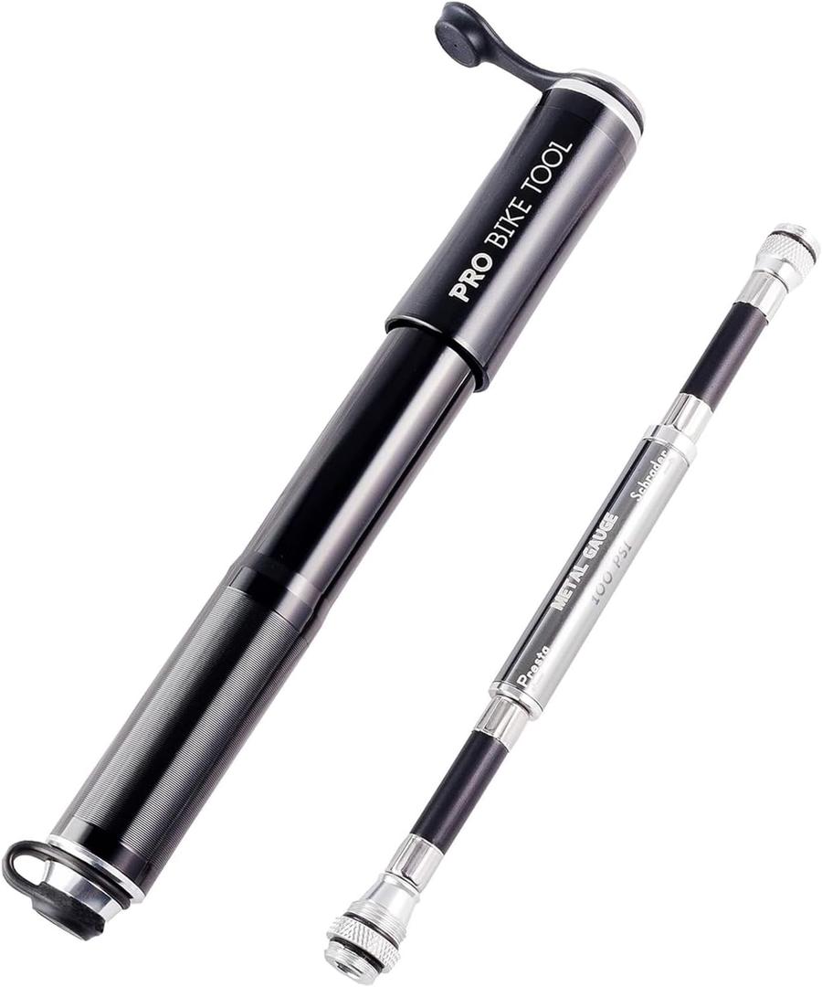 Pro Bike Tool Mini Bike Pump with Gauge - Compact and Portable Bicycle Tire Pump for Fast Inflation - Durable Bicycle Pump Compatible with Presta and Schrader Valves - Essential Mini Bike Accessories (Black)