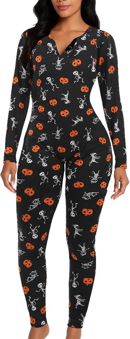 Halloween Pajamas Onesie Women Sexy One Piece Romper Long Sleeve Bodycon Jumpsuit Sleepwear for Adult (Small, Black)