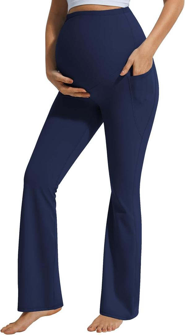 JOYSPELS Smooth Feeling Flare Maternity Leggings Over The Belly with Pockets Soft Bootcut Pregnancy Yoga Pants (Medium, Pageant Blue)