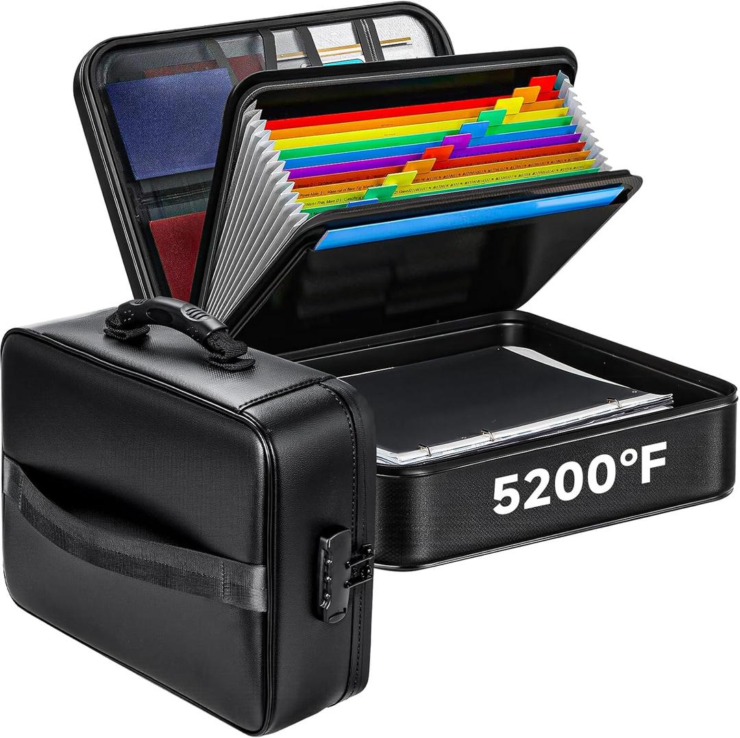 Fireproof Document File Organizer Bag, 5200F Portable File Organizer with Lock, 16 Layer File Box Waterproof and Heat Insulated Safe Storage for Important Documents, Laptop, and Files and More (Black)