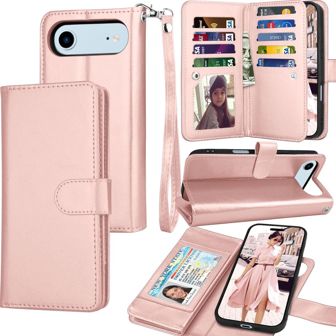 Tekcoo Wallet Case Compatible with iPhone 17 Air (6.6 inch) 2025 Luxury ID Cash Credit Card Slots Holder Carrying Pouch Folio Flip PU Leather Cover [Detachable Magnetic Hard Case] Strap [Rose Gold]