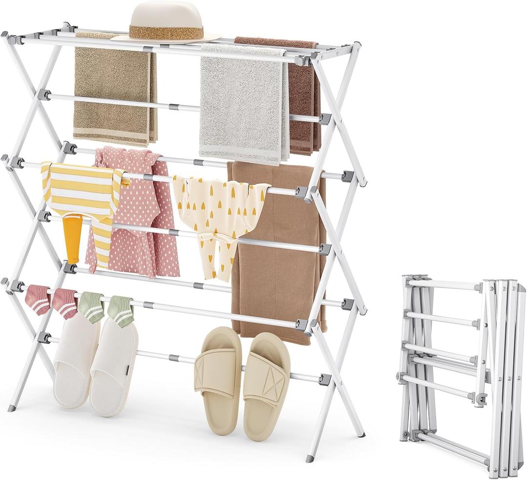 APEXCHASER Drying Rack Clothing - 3 Tier Metal Clothes Drying Rack Collapsible, Laundry Drying Rack Expandable, Small Clothe Airer for Baby Clothes Towel Bib Sock Indoor Outdoor Use (White)