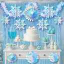 Soulchen 14 Pcs Winter Wonderland Snowflake Party Decorations Baby Shower Party Ornament with 6ft Backdrop Snowflake Hanging Honeycomb Fan and Garland for Baby Its Cold Outside Decor