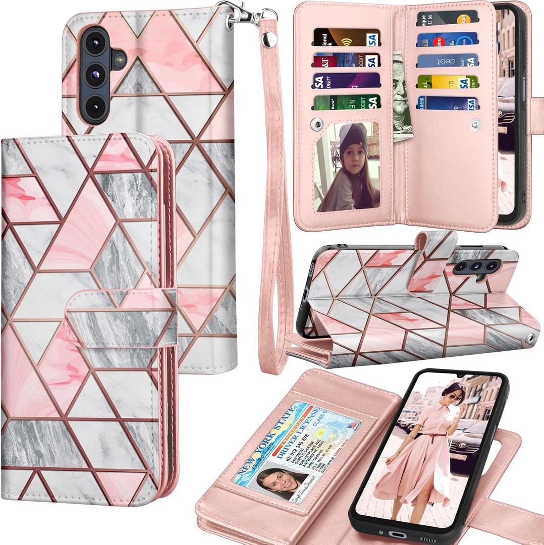 Galaxy A16 5G Case, Galaxy A16 5G Wallet Case, Tekcoo [Detachable Magnetic Hard Case] Luxury PU Leather Cash Credit Card Slots Holder Carrying Folio Flip Cover Strap for Samsung A16 5G [Marble]