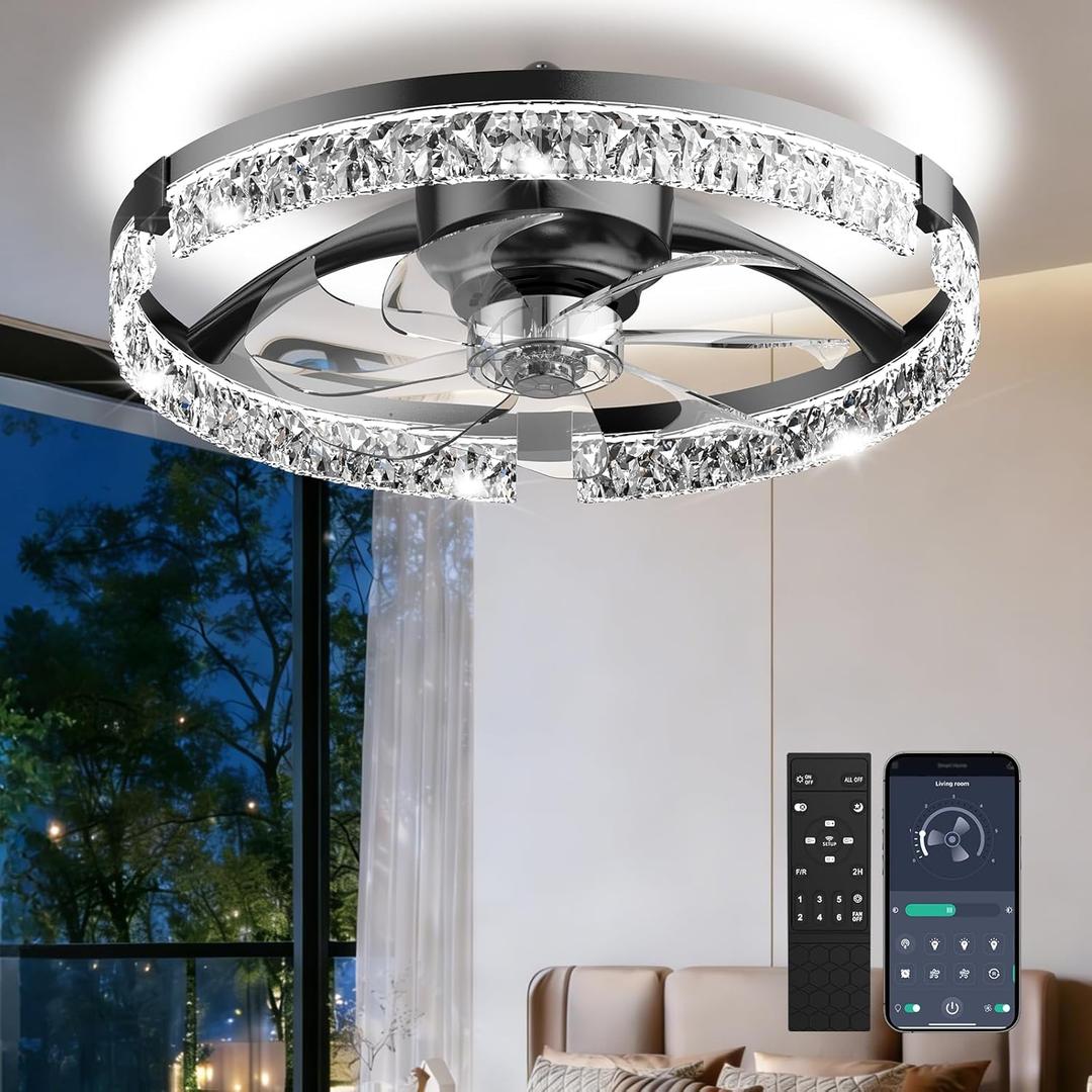 AIKVSXER 20" Low Profile Ceiling Fan with Light and Remote, Dimmable LED Flush Mount Ceiling Fan, 6 Speeds, White Modern Design for Bedroom/Living Room Black-Crystal