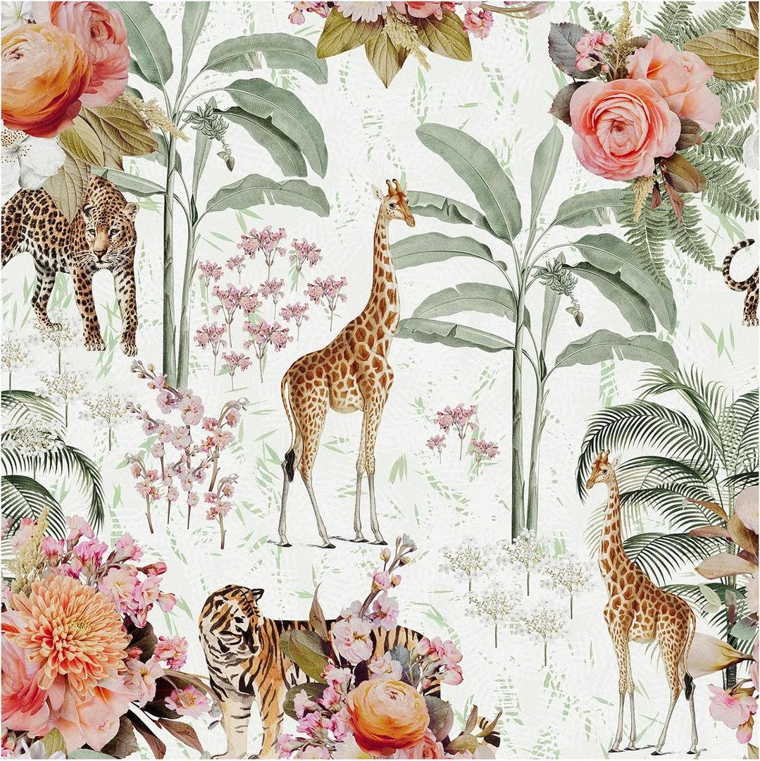 HAOKHOME Forest Peel and Stick Floral Wallpaper Jungle Animal Removable White/Green/Pink Vinyl Self Adhesive Mural 17.7in x 9.8ft