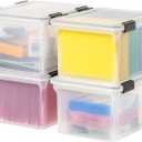 IRIS USA File Box WeatherPro File Organizer Plastic File Box for Letter/Legal File, Water Resistant Document Box, Durable Lid, Seal w/Secure Latching Buckles, Stackable, Nestable, Clear 32 Qt. 4Pack
