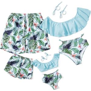 IFFEI Mommy and Me Family Matching Swimsuits Two Piece Bikini Set Ruffles Bathing Suits with Straps Green Little Boys: 9-12 Months