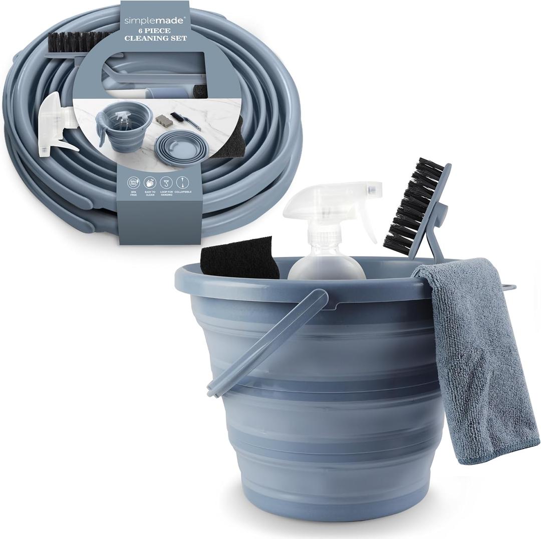 SIMPLEMADE Collapsible Bucket Cleaning Set - Includes 2 Foldable Buckets, Spray Bottle, Rag, Scrubbing Brush and Sponge - Holds Up to 10 liters, Easy Storage, All-Purpose Cleaning Solution (Blue)