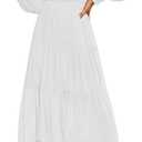ZESICA Women's Casual Long Sleeve Crew Neck High Waist Smocked Flowy Tiered Midi Dress (White, M)