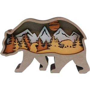 Wooden Animal Statues, 3D Wooden Animals Bird Deer Penguin Bear Woodland Nursery Decorations Forest Themed Bedroom Decor Bedroom Living Room Office Decor (Bear)