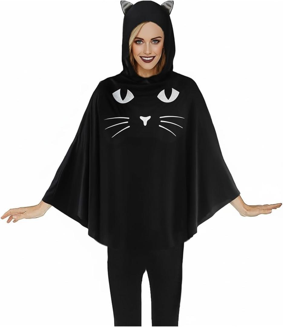 Black cat costume for girls, Cute Halloween Poncho for Women Adult, Hooded Cloak for Cosplay Dress Party Gift, Cat Ears and Removable Tail, One Size, Classic Style (Black)