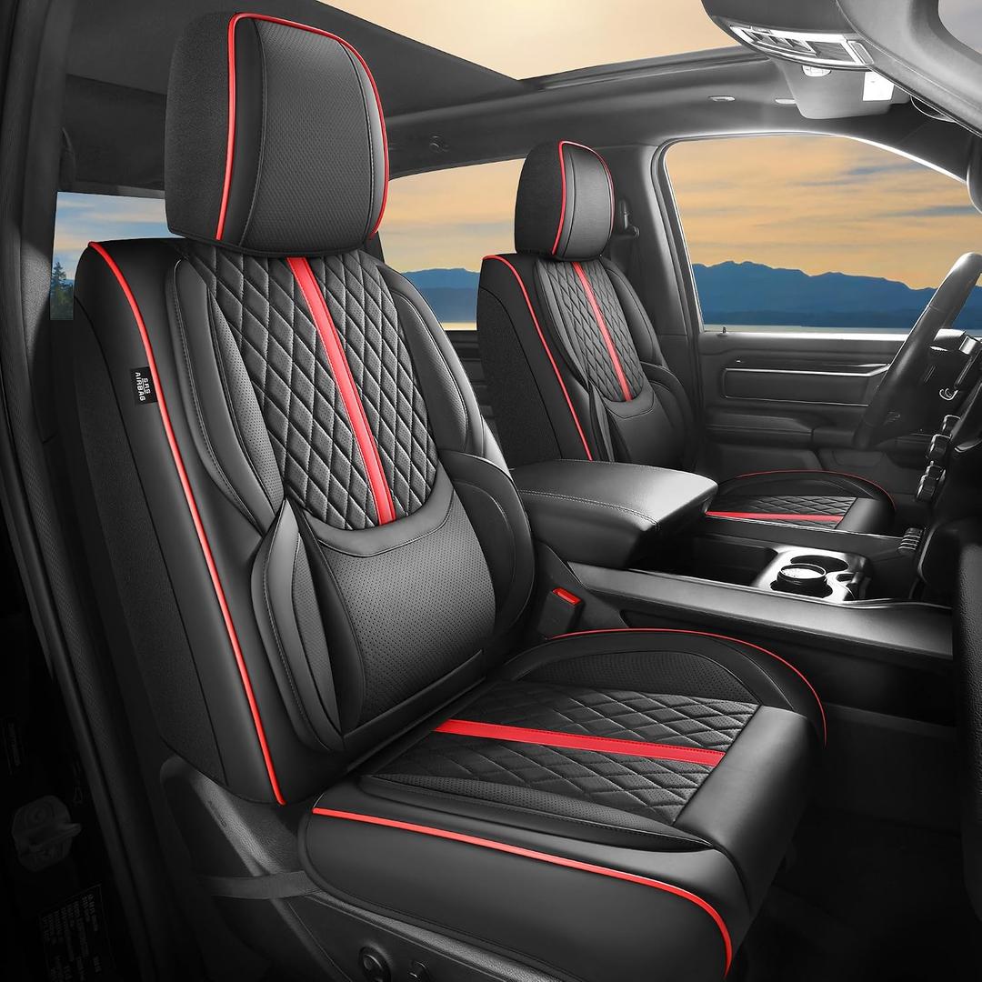 Seat Covers for 2019-2026 Dodge Ram 1500/2500/3500, Flat Bench | lumbar padded, premium waterproof leather, full coverage, anti-slip, storage pockets, long-term durability, airbag compatible
