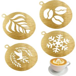 4Pcs Coffee Stencils Latte Art Stencils Reusable for Coffee Lattes Cappuccino Cake Decorating Cookie Stencil for Royal Icing Shop Home Use